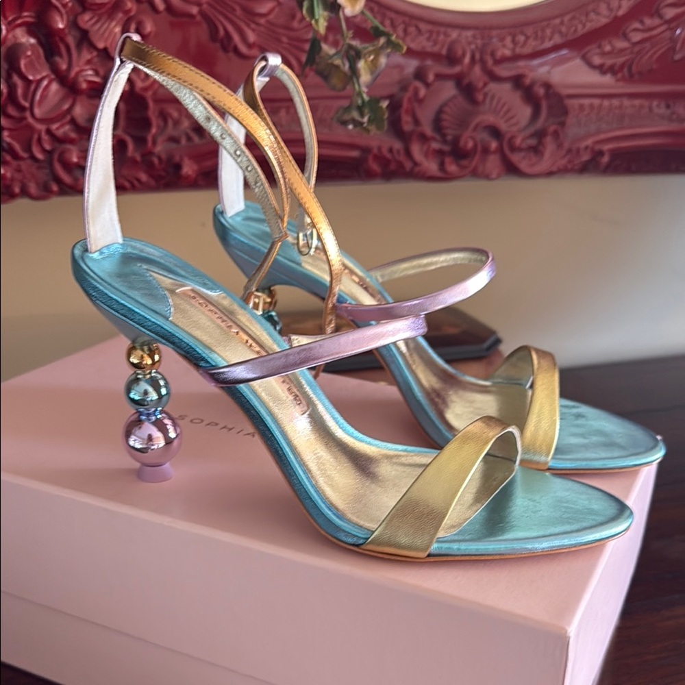 Sophia Webster Gold and Blue Strappy Sandals with Artistic Heel